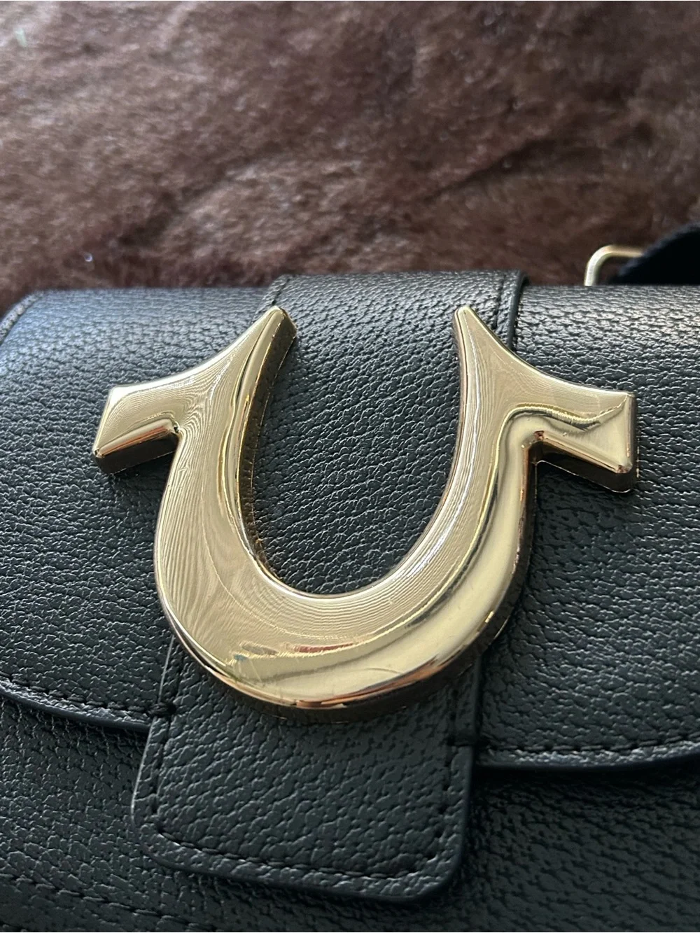 True Religion Black Crossbody Bag with Gold Horseshoe Accent